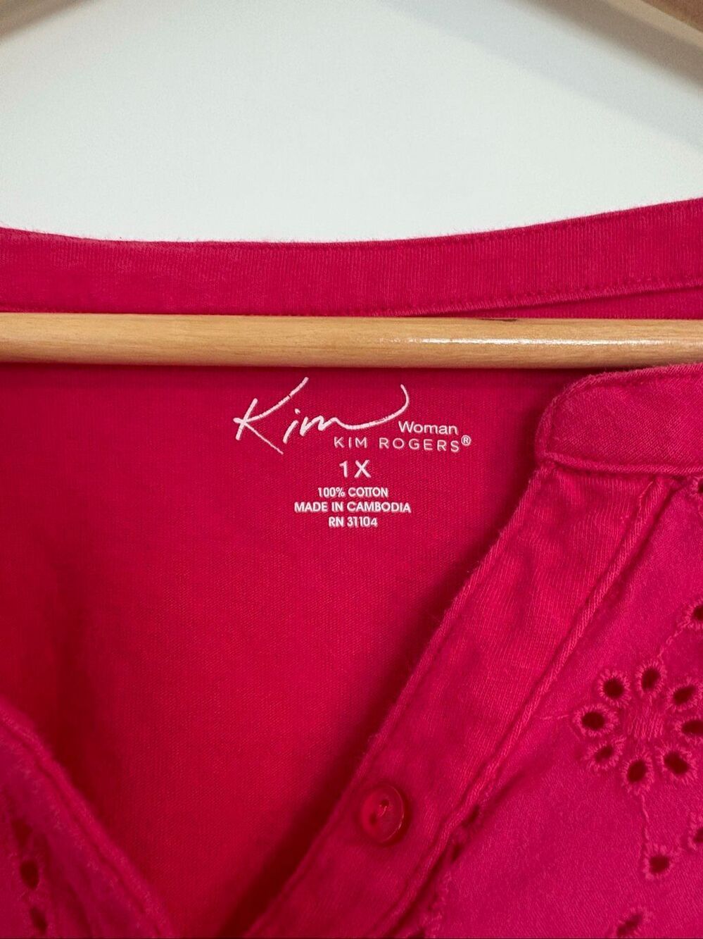 Kim Rogers Pink Eyelet Embroidered 3/4 Sleeve Peasant Blouse Top Size 1X - Picture 5 of 5